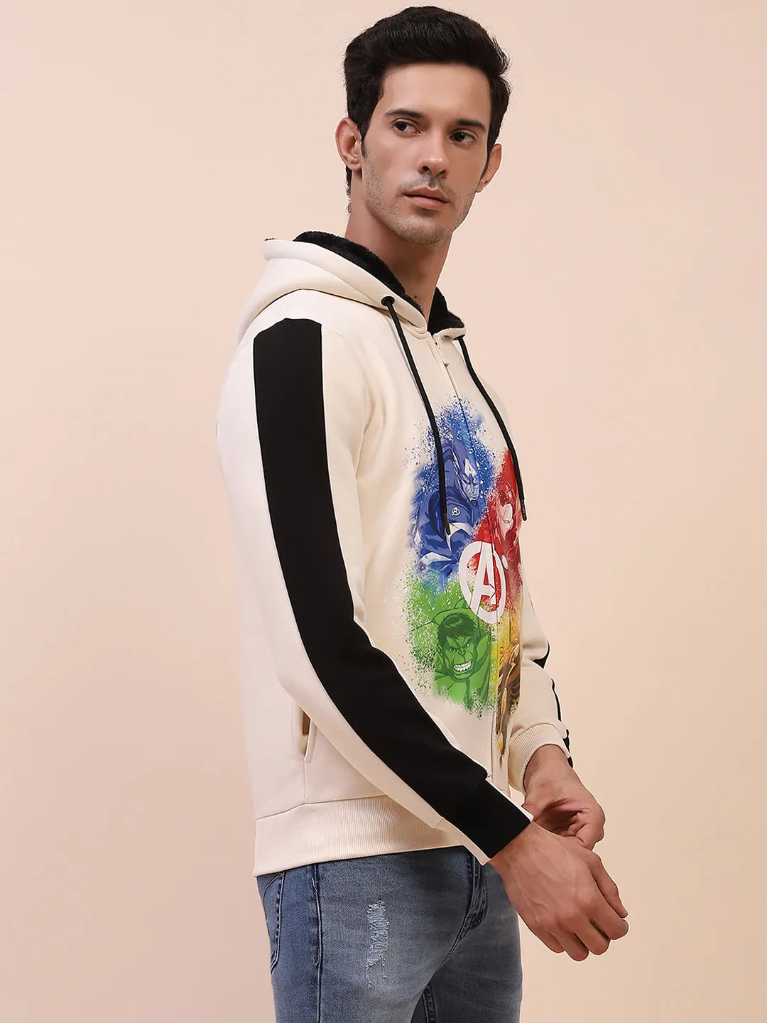 Camla Barcelona Avengers Graphic Printed Zipped Off White Sweatshirt