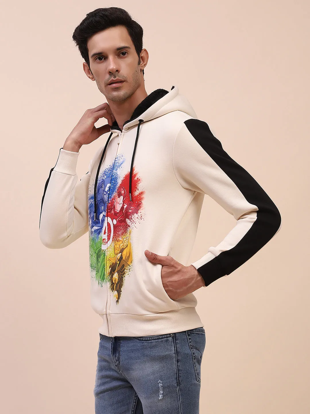 Camla Barcelona Avengers Graphic Printed Zipped Off White Sweatshirt