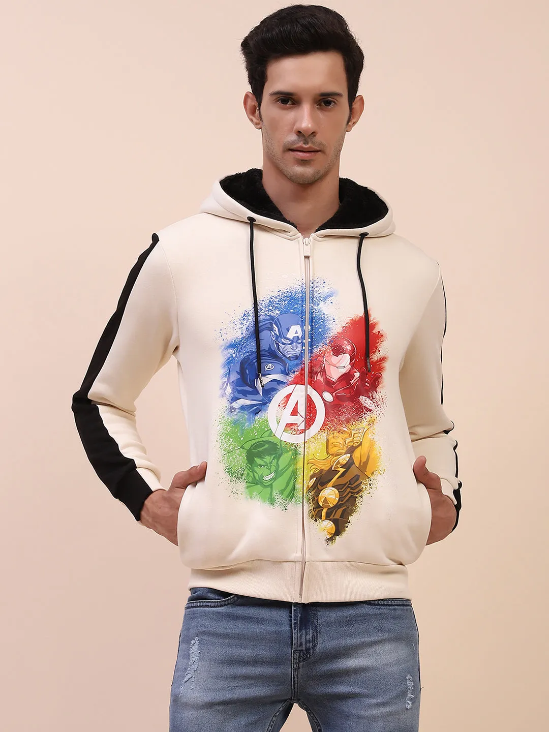 Camla Barcelona Avengers Graphic Printed Zipped Off White Sweatshirt