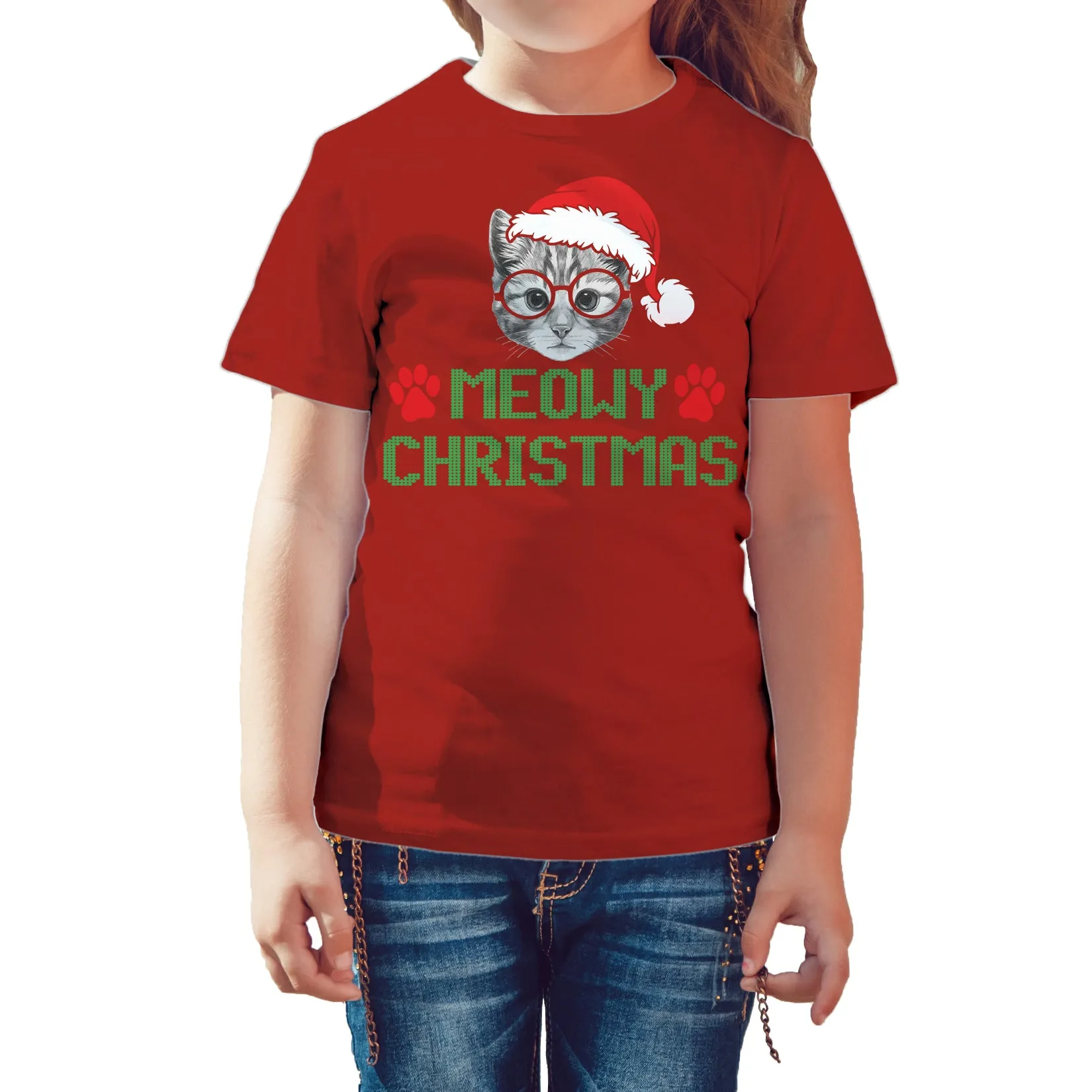 Christmas Cat Lover Santa Hat Glasses Paws Cute Pet Xmas Kid's T-Shirt