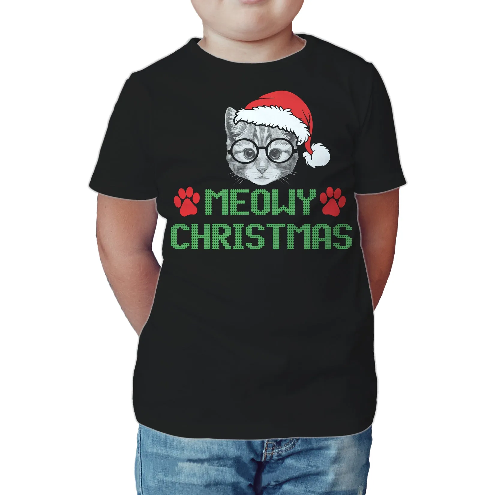 Christmas Cat Lover Santa Hat Glasses Paws Cute Pet Xmas Kid's T-Shirt