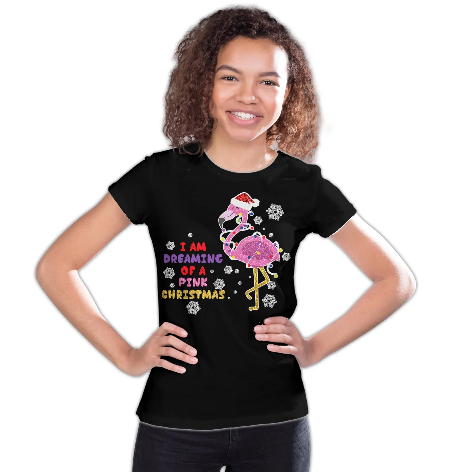 Christmas Flamingo Dreaming Pink Xmas Sparkle Family Cute Youth T-Shirt