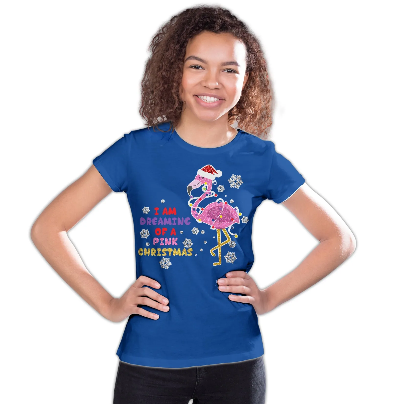 Christmas Flamingo Dreaming Pink Xmas Sparkle Family Cute Youth T-Shirt