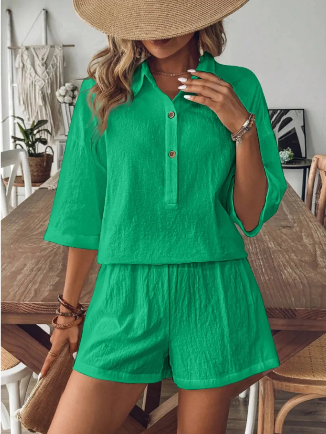 Collared Neck Half Sleeve Top and Shorts Set