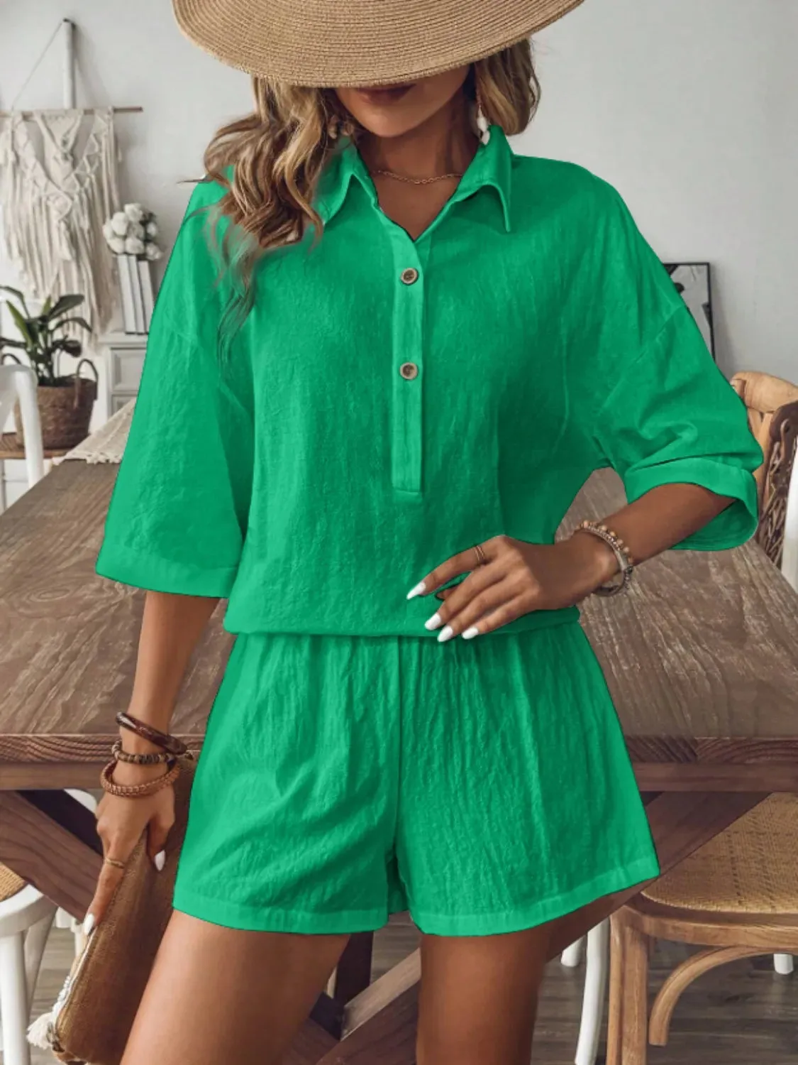 Collared Neck Half Sleeve Top and Shorts Set