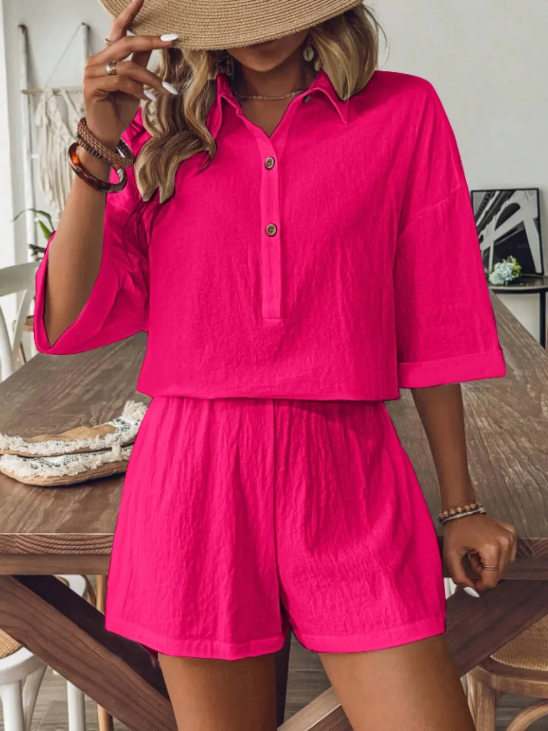 Collared Neck Half Sleeve Top and Shorts Set