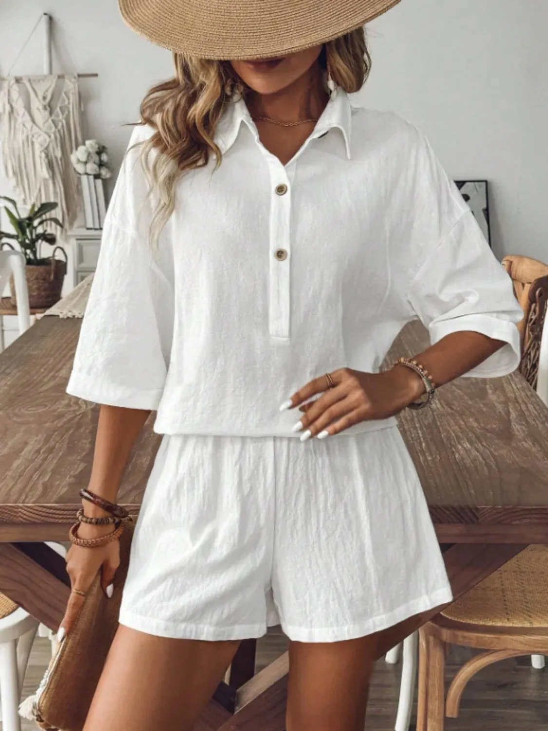 Collared Neck Half Sleeve Top and Shorts Set