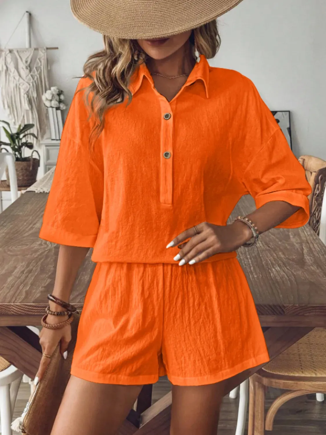 Collared Neck Half Sleeve Top and Shorts Set