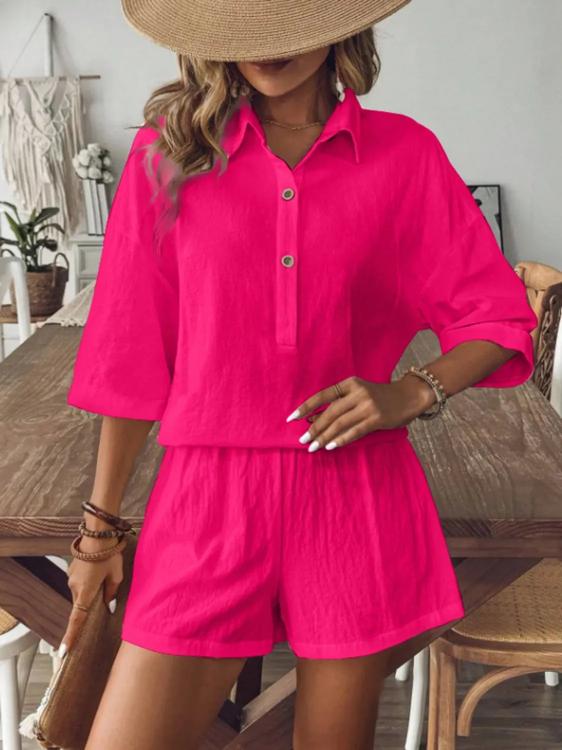 Collared Neck Half Sleeve Top and Shorts Set