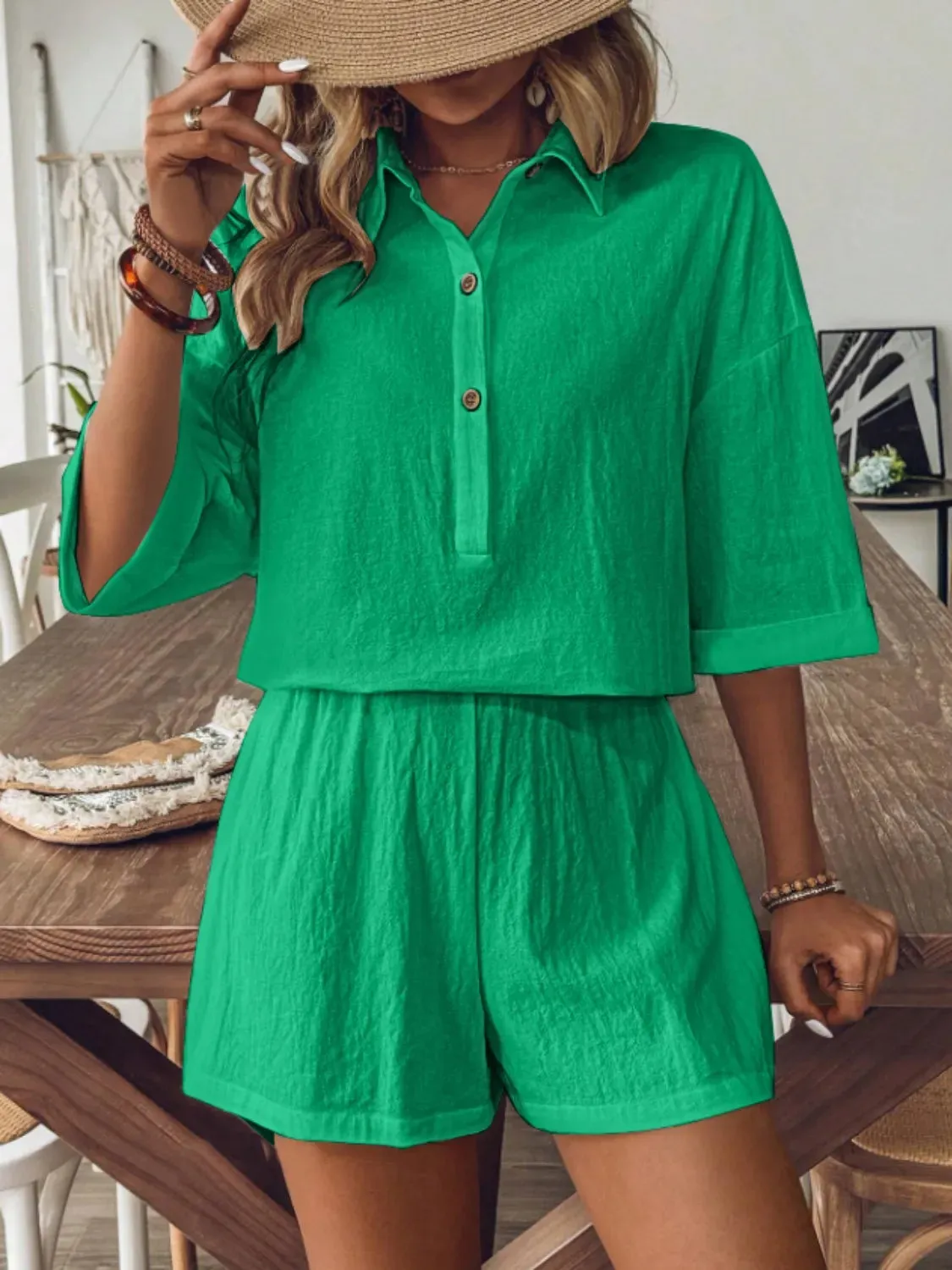Collared Neck Half Sleeve Top and Shorts Set