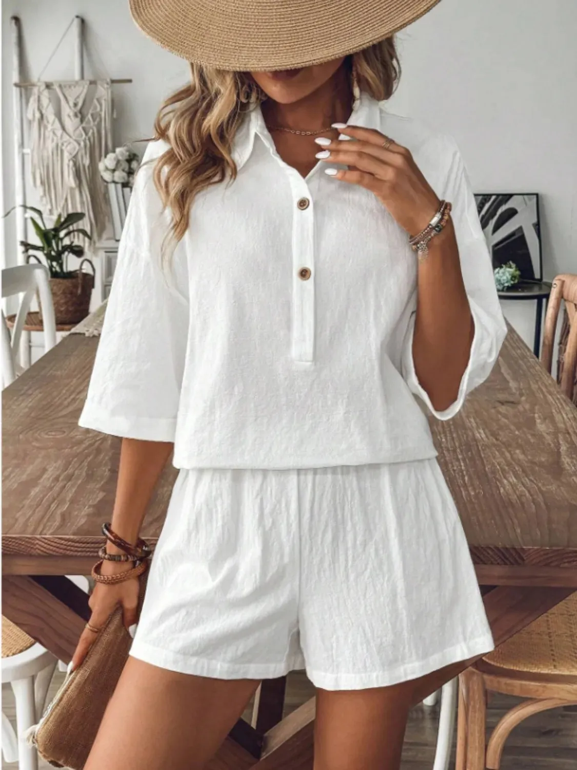 Collared Neck Half Sleeve Top and Shorts Set