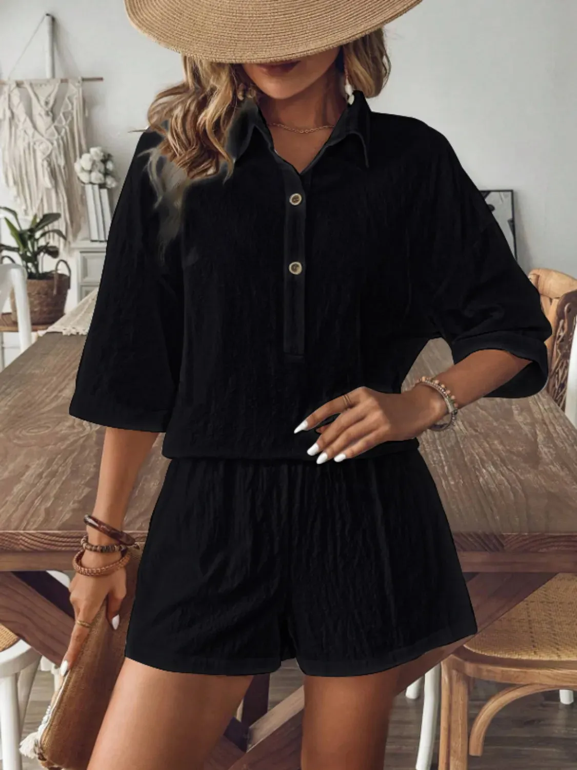 Collared Neck Half Sleeve Top and Shorts Set