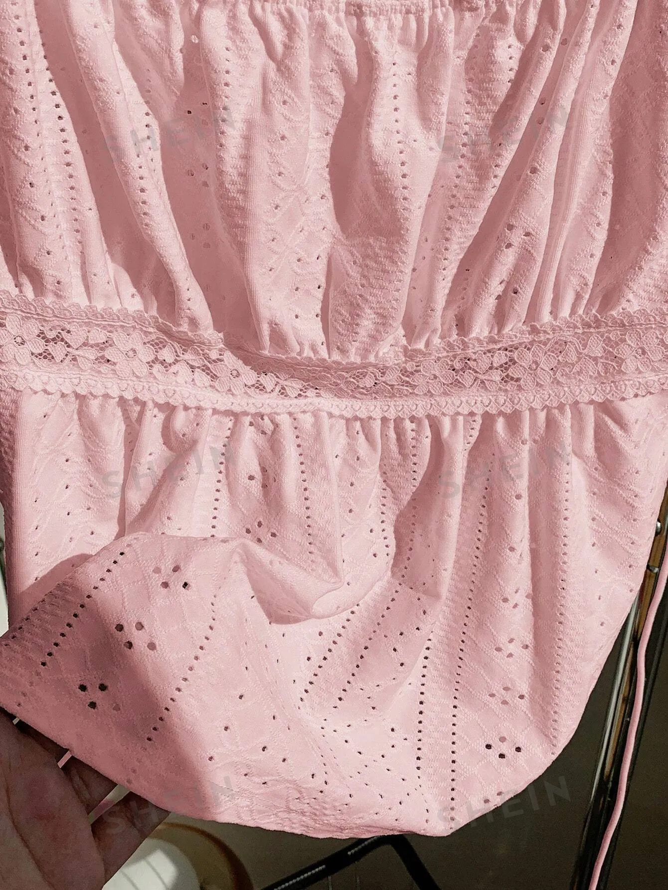 Comfortcana Summer Casual Solid Color Textured Lace Ruffle Trim T-Shirt Valentine's Day