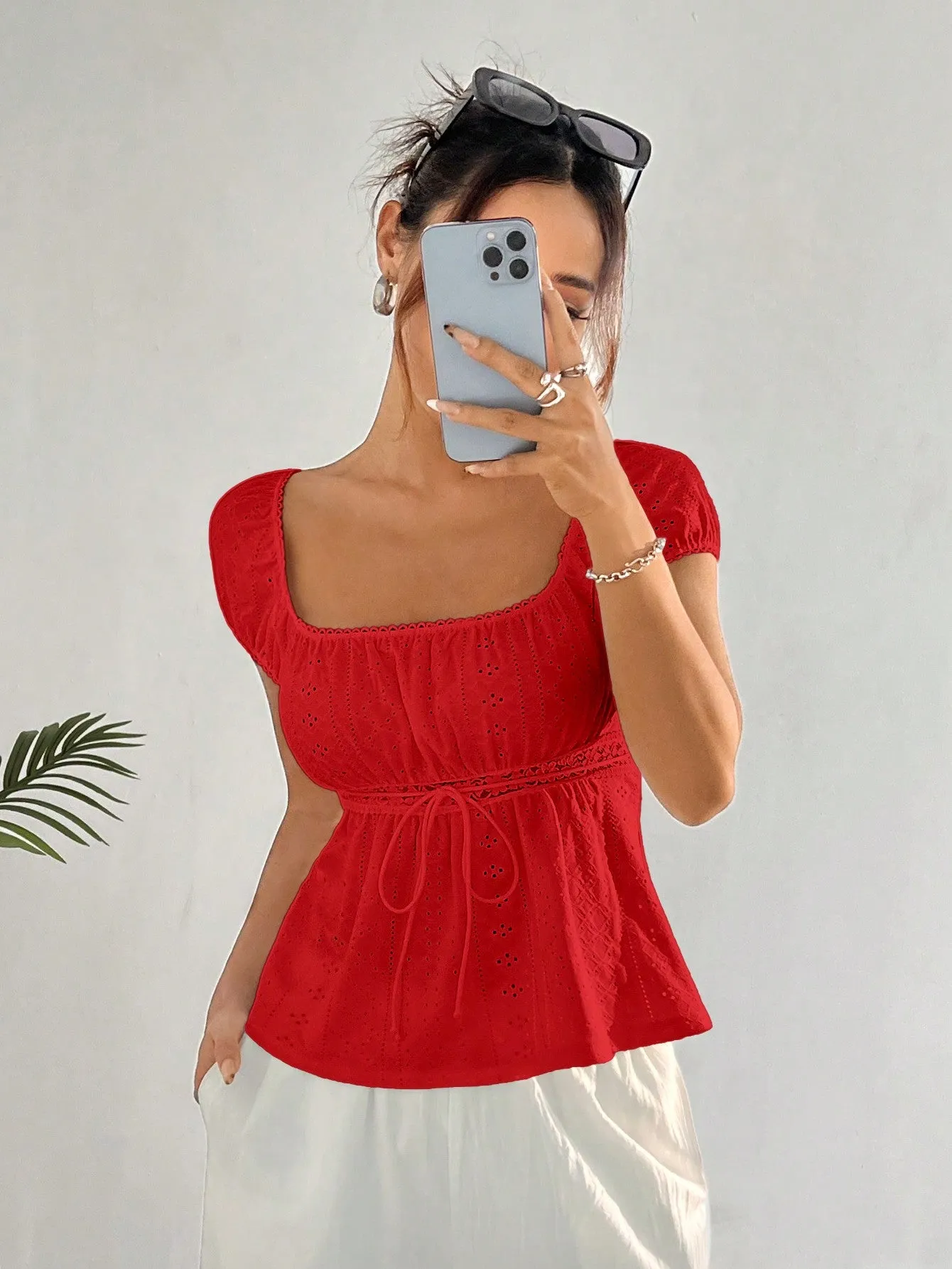 Comfortcana Summer Casual Solid Color Textured Lace Ruffle Trim T-Shirt Valentine's Day