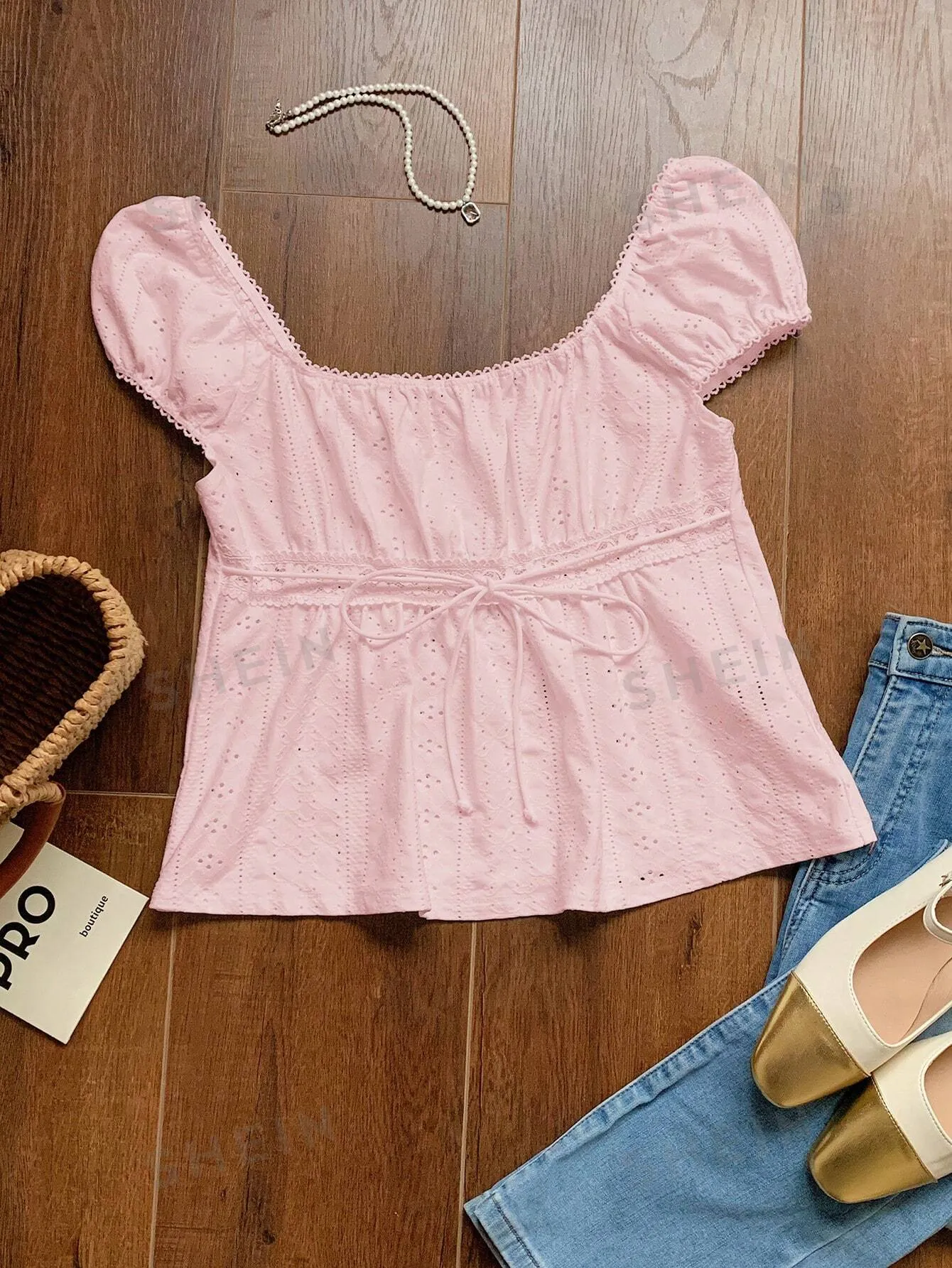 Comfortcana Summer Casual Solid Color Textured Lace Ruffle Trim T-Shirt Valentine's Day