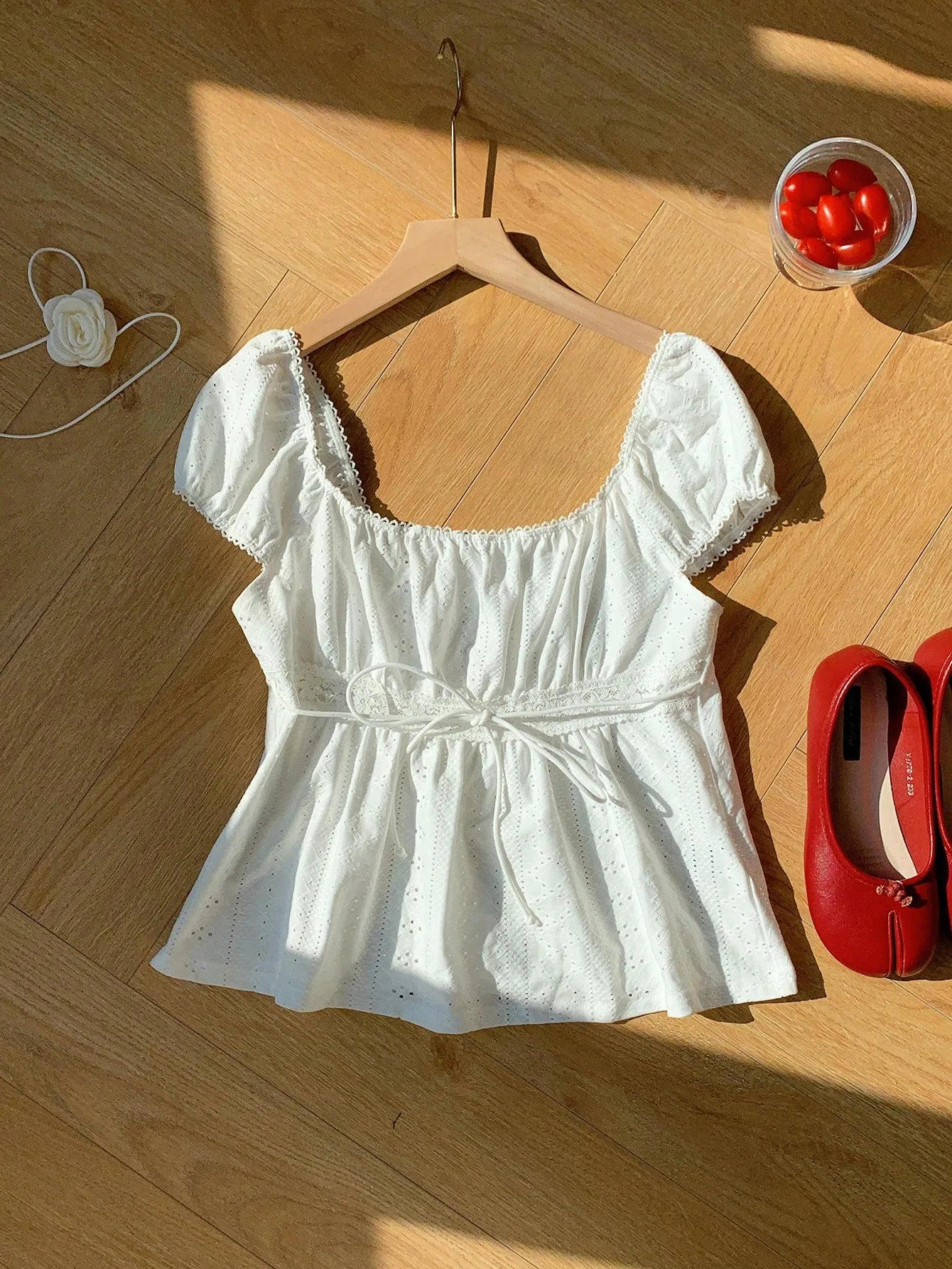 Comfortcana Summer Casual Solid Color Textured Lace Ruffle Trim T-Shirt Valentine's Day
