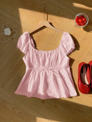 Comfortcana Summer Casual Solid Color Textured Lace Ruffle Trim T-Shirt Valentine's Day
