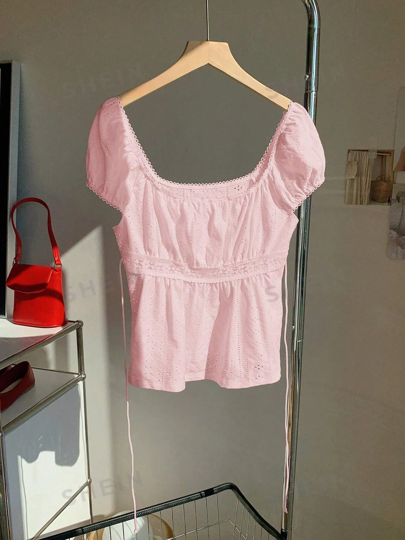Comfortcana Summer Casual Solid Color Textured Lace Ruffle Trim T-Shirt Valentine's Day