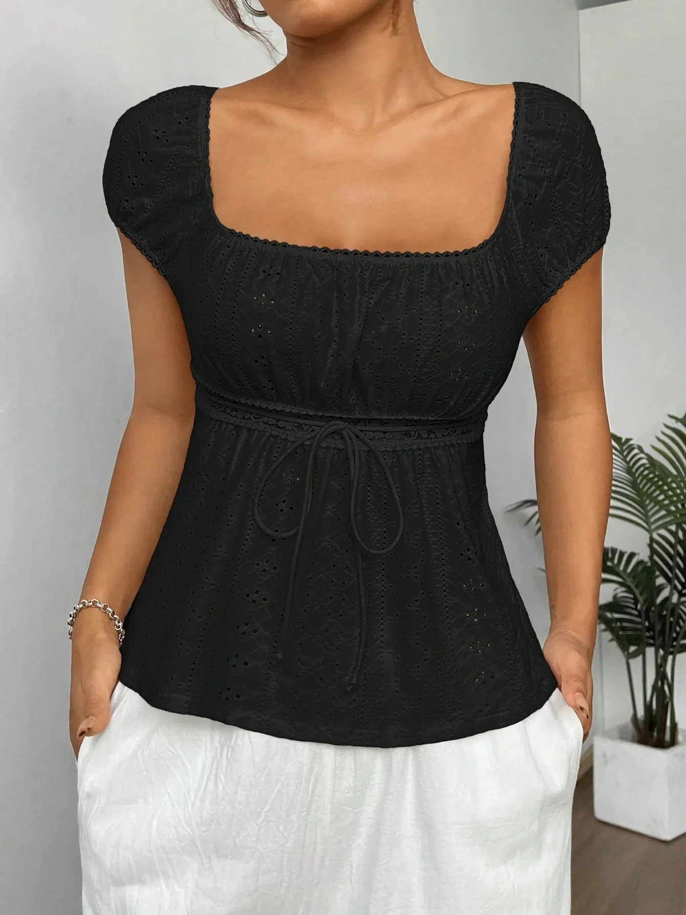 Comfortcana Summer Casual Solid Color Textured Lace Ruffle Trim T-Shirt Valentine's Day
