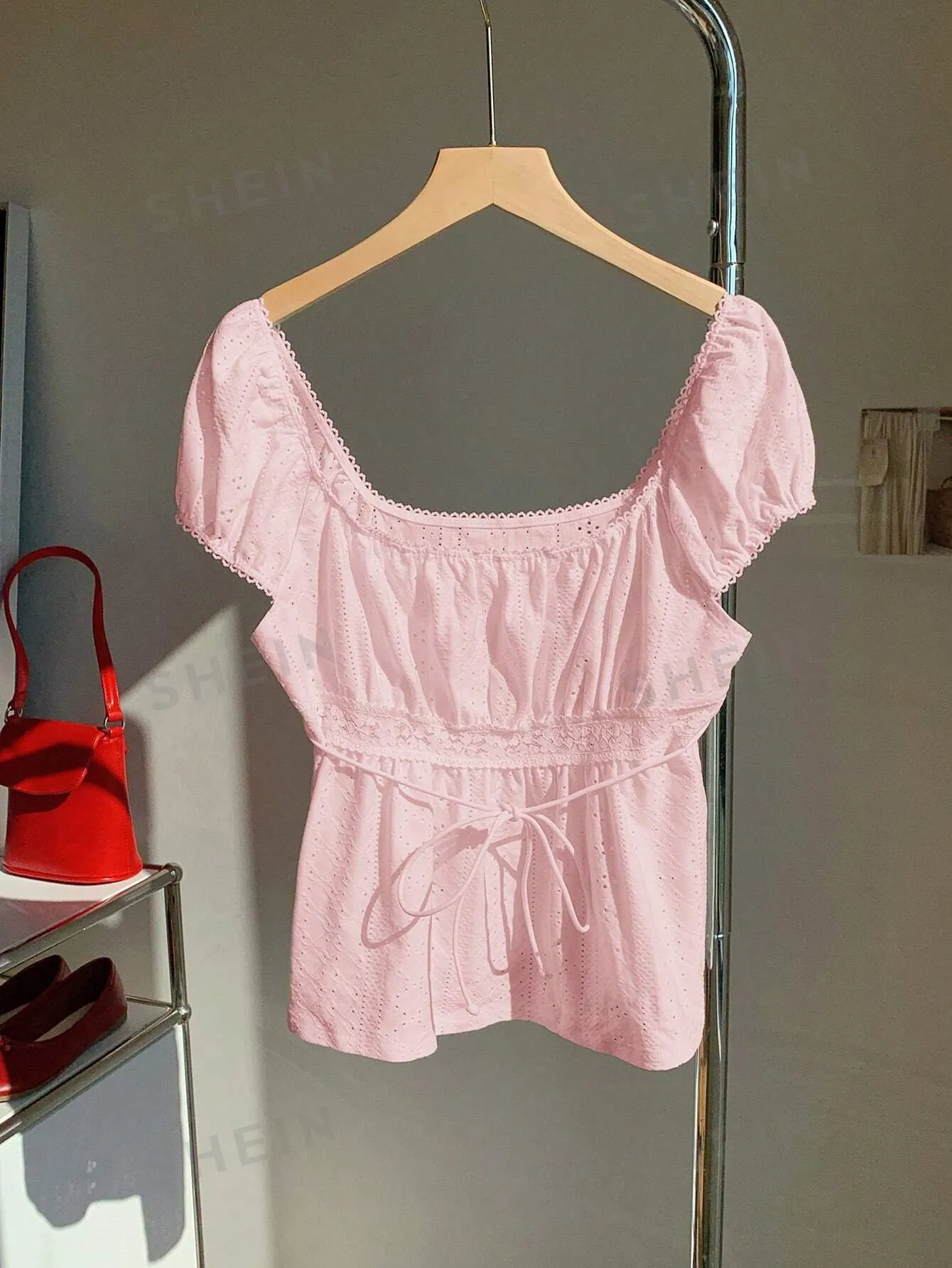 Comfortcana Summer Casual Solid Color Textured Lace Ruffle Trim T-Shirt Valentine's Day