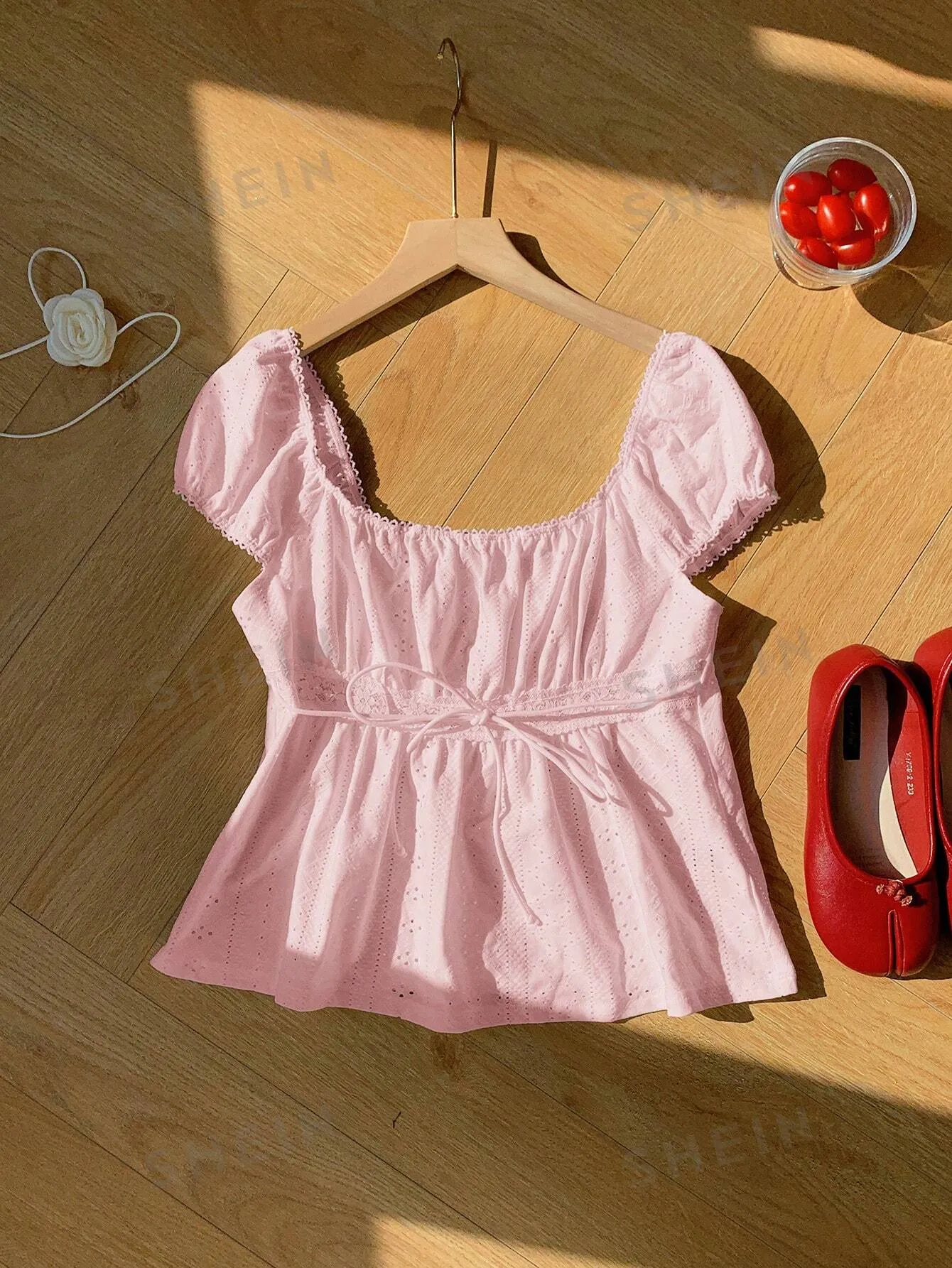 Comfortcana Summer Casual Solid Color Textured Lace Ruffle Trim T-Shirt Valentine's Day