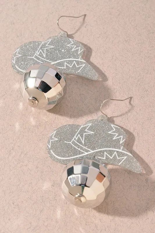 Cowboy Hat Disco Ball Earrings - Silver