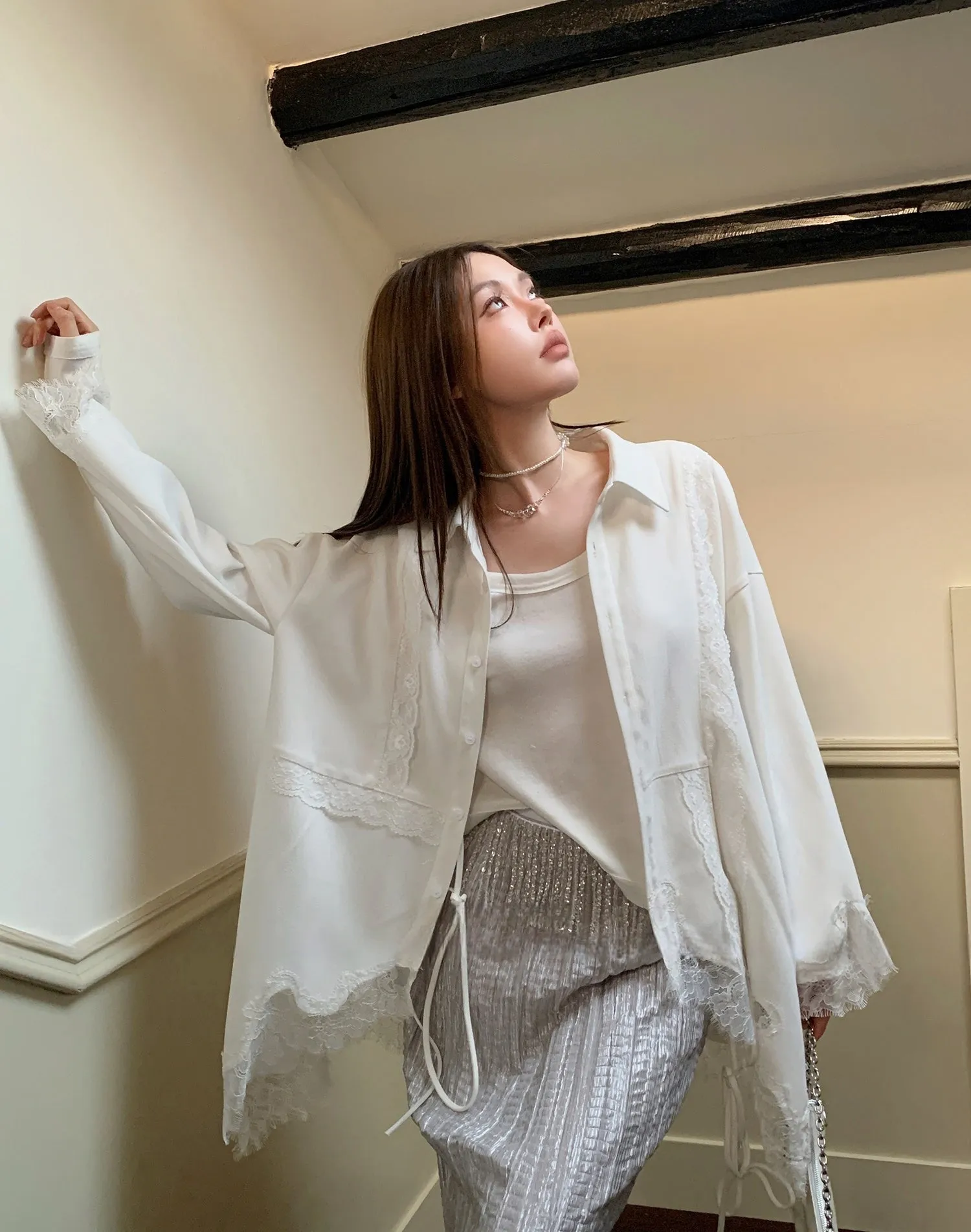 Designer Lace Panel Asymmetrical Shirt