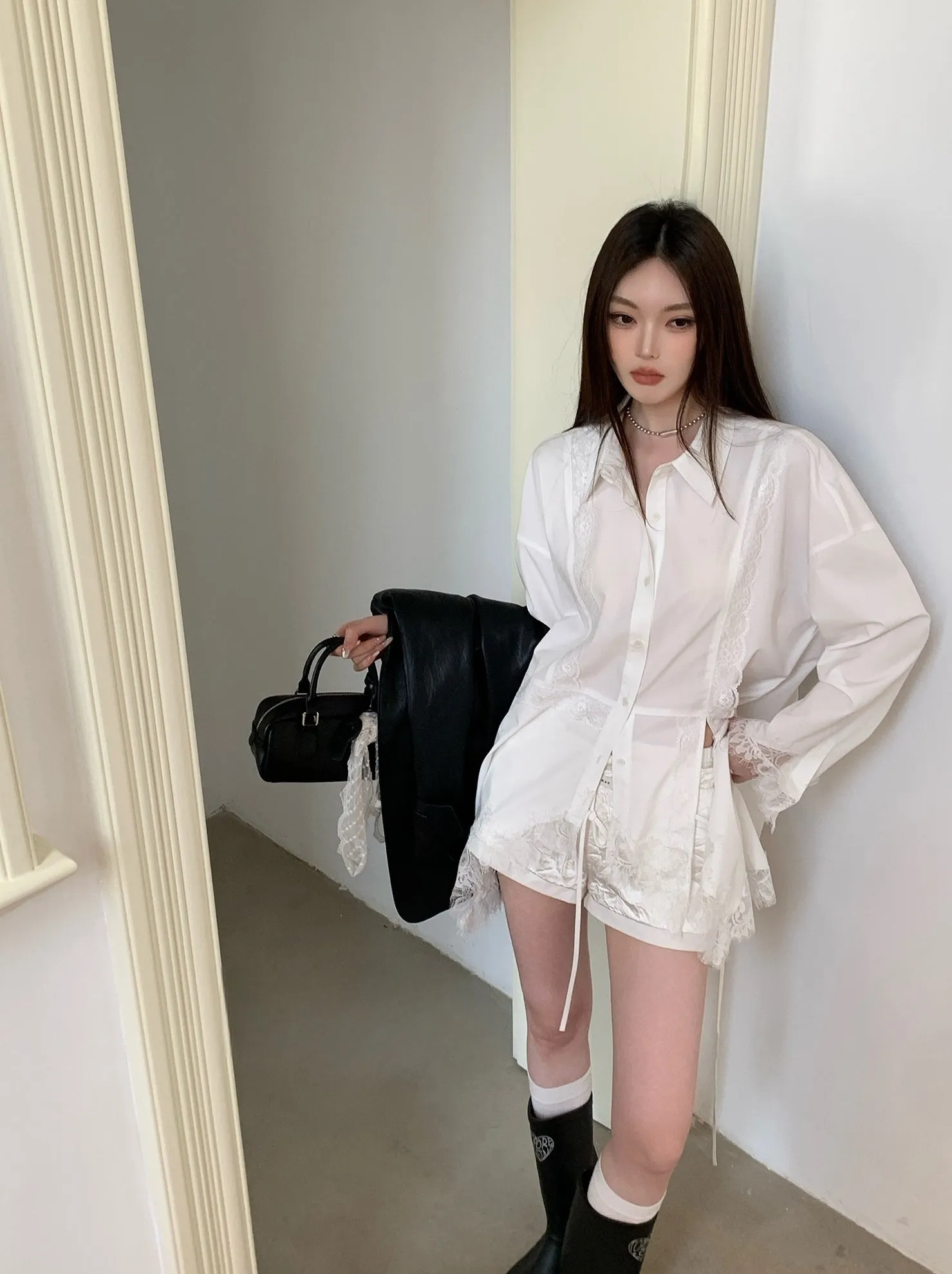 Designer Lace Panel Asymmetrical Shirt