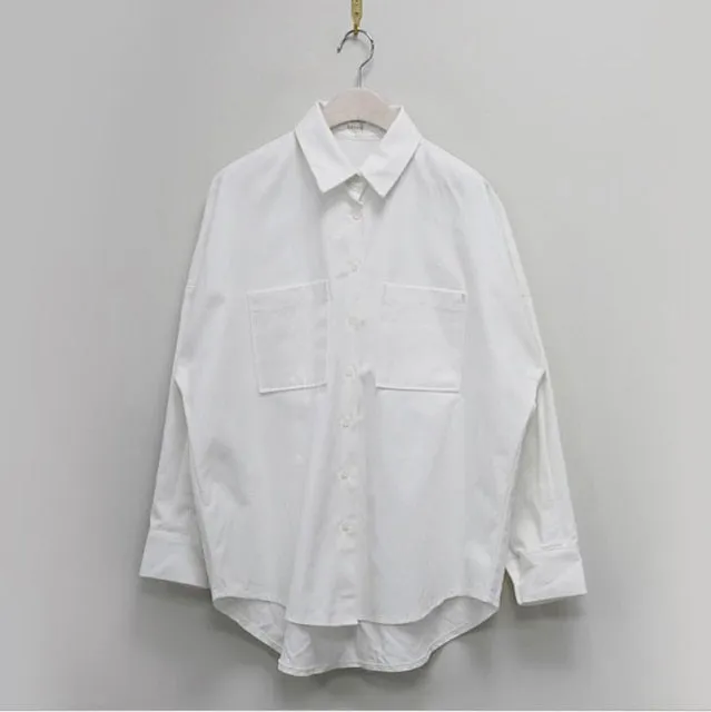Double Pockets Turn-down Collar Cotton Blouse Casual Loose Female Blouse Tops Workwear Shirts