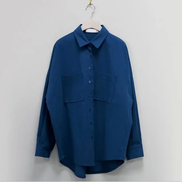 Double Pockets Turn-down Collar Cotton Blouse Casual Loose Female Blouse Tops Workwear Shirts