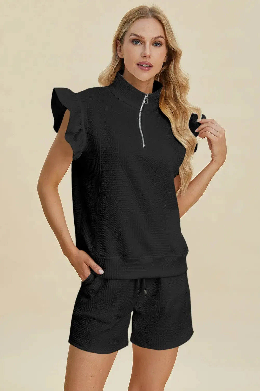 Double Take Full Size Texture Flounce Sleeve Top and Shorts Set