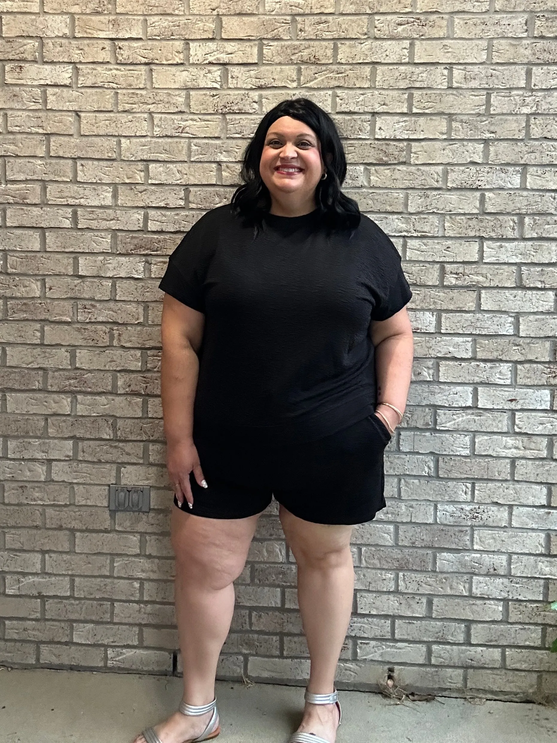 Double Take Full Size Texture Short Sleeve T-Shirt and Drawstring Shorts Set