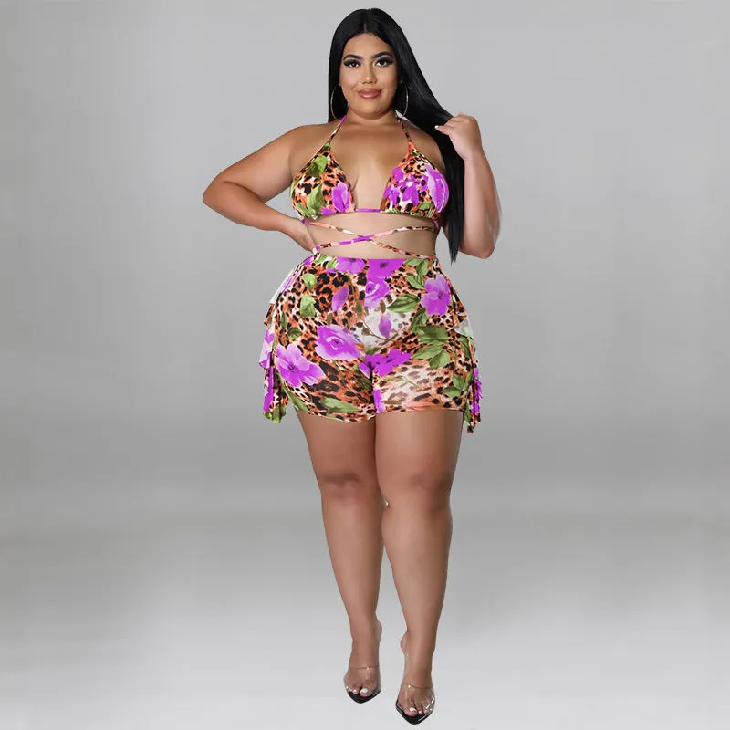 Exotic Floral and Leopard Print Wrap Bikini Set with Ruffle Shorts