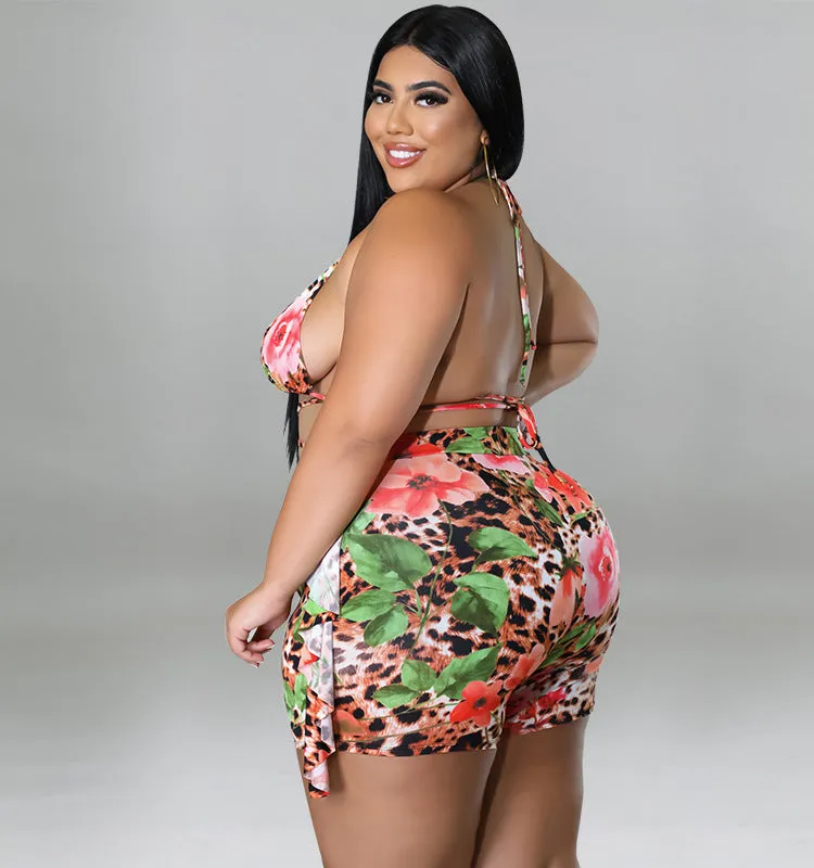 Exotic Floral and Leopard Print Wrap Bikini Set with Ruffle Shorts