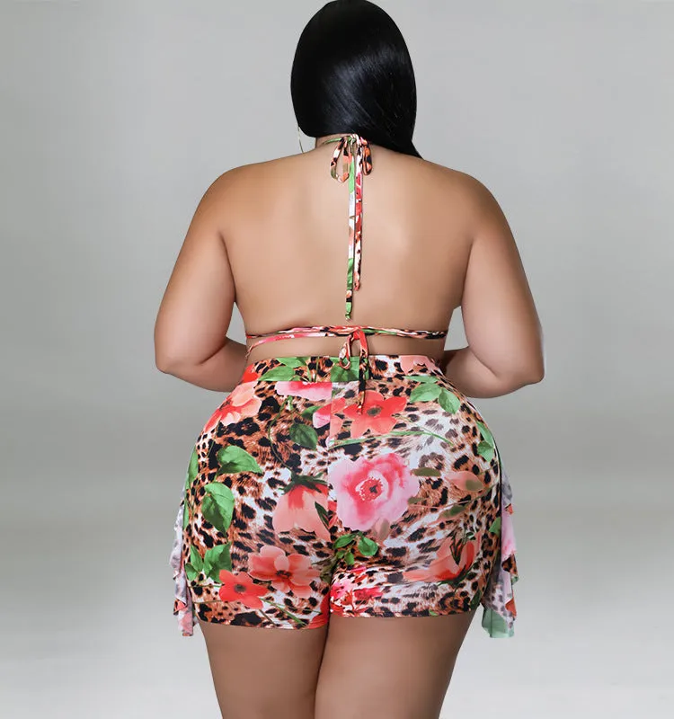 Exotic Floral and Leopard Print Wrap Bikini Set with Ruffle Shorts