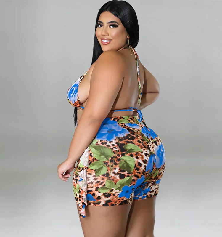 Exotic Floral and Leopard Print Wrap Bikini Set with Ruffle Shorts