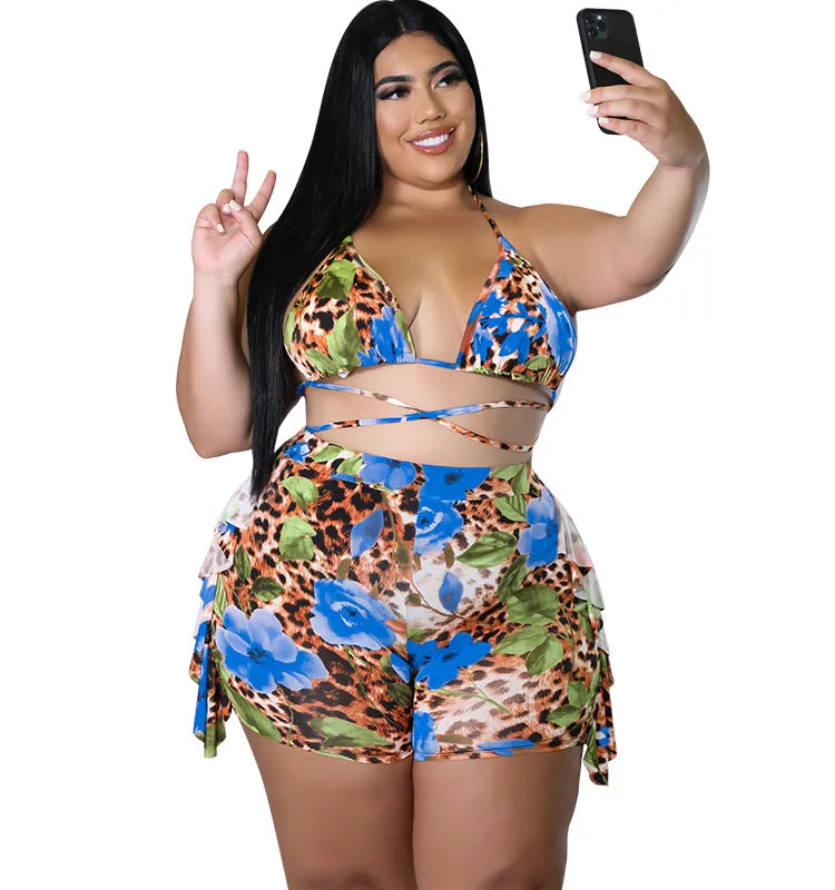 Exotic Floral and Leopard Print Wrap Bikini Set with Ruffle Shorts