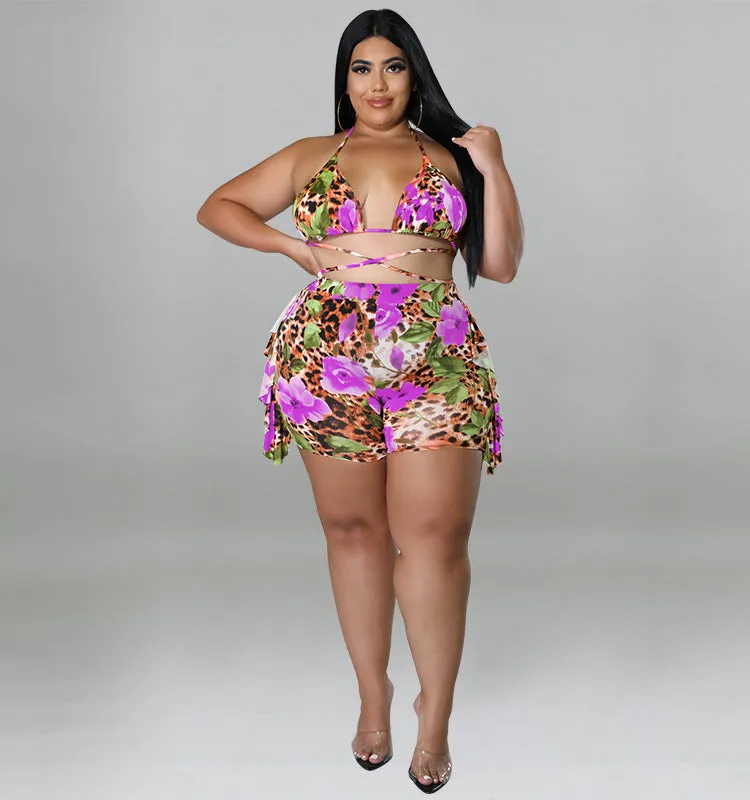 Exotic Floral and Leopard Print Wrap Bikini Set with Ruffle Shorts