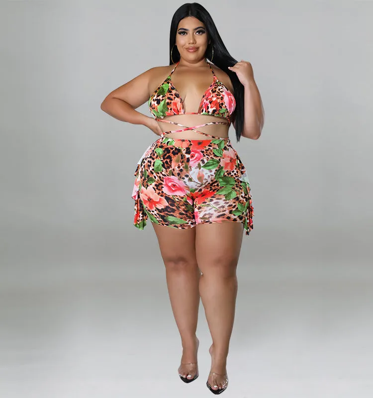 Exotic Floral and Leopard Print Wrap Bikini Set with Ruffle Shorts