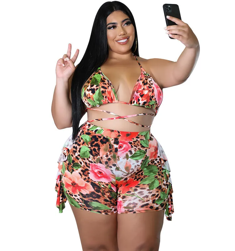 Exotic Floral and Leopard Print Wrap Bikini Set with Ruffle Shorts