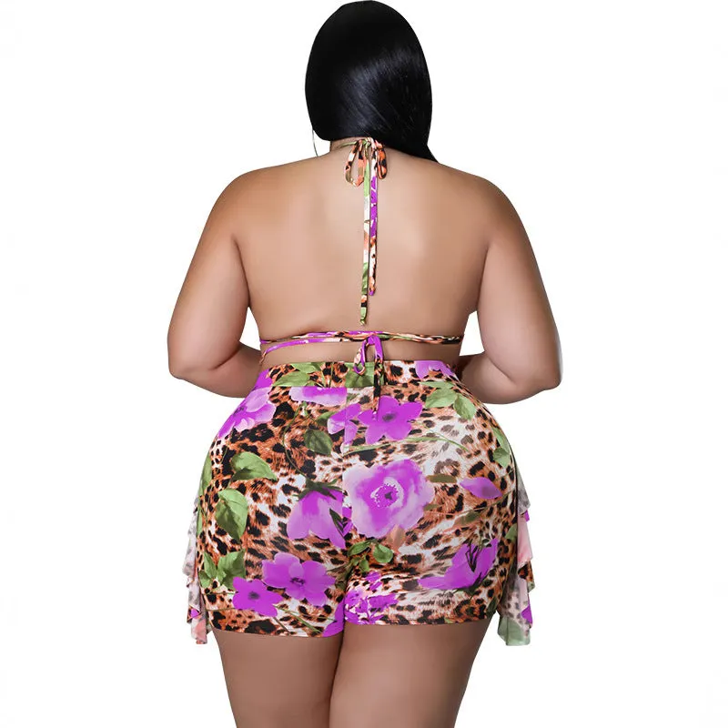 Exotic Floral and Leopard Print Wrap Bikini Set with Ruffle Shorts