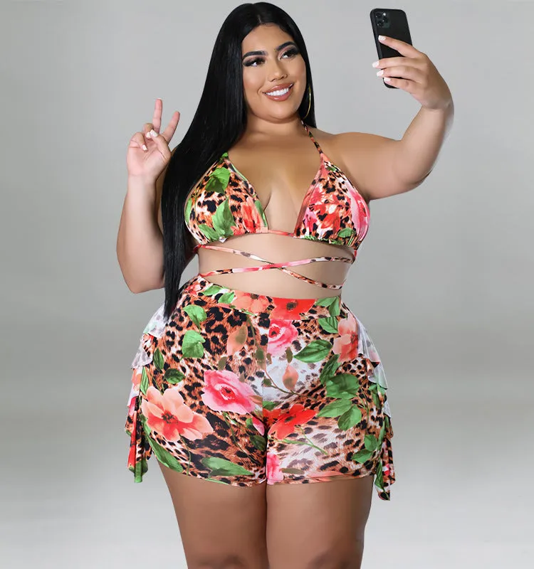 Exotic Floral and Leopard Print Wrap Bikini Set with Ruffle Shorts