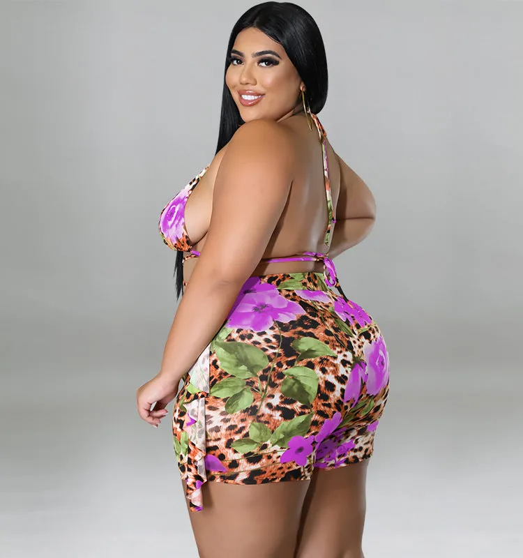 Exotic Floral and Leopard Print Wrap Bikini Set with Ruffle Shorts