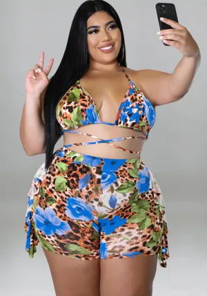 Exotic Floral and Leopard Print Wrap Bikini Set with Ruffle Shorts