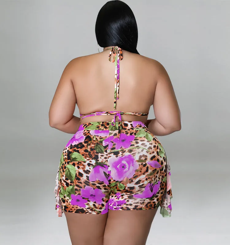 Exotic Floral and Leopard Print Wrap Bikini Set with Ruffle Shorts