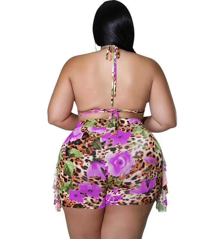 Exotic Floral and Leopard Print Wrap Bikini Set with Ruffle Shorts