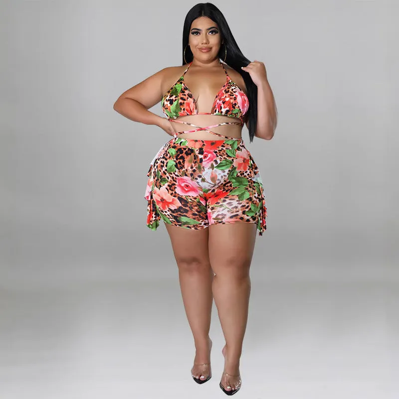 Exotic Floral and Leopard Print Wrap Bikini Set with Ruffle Shorts