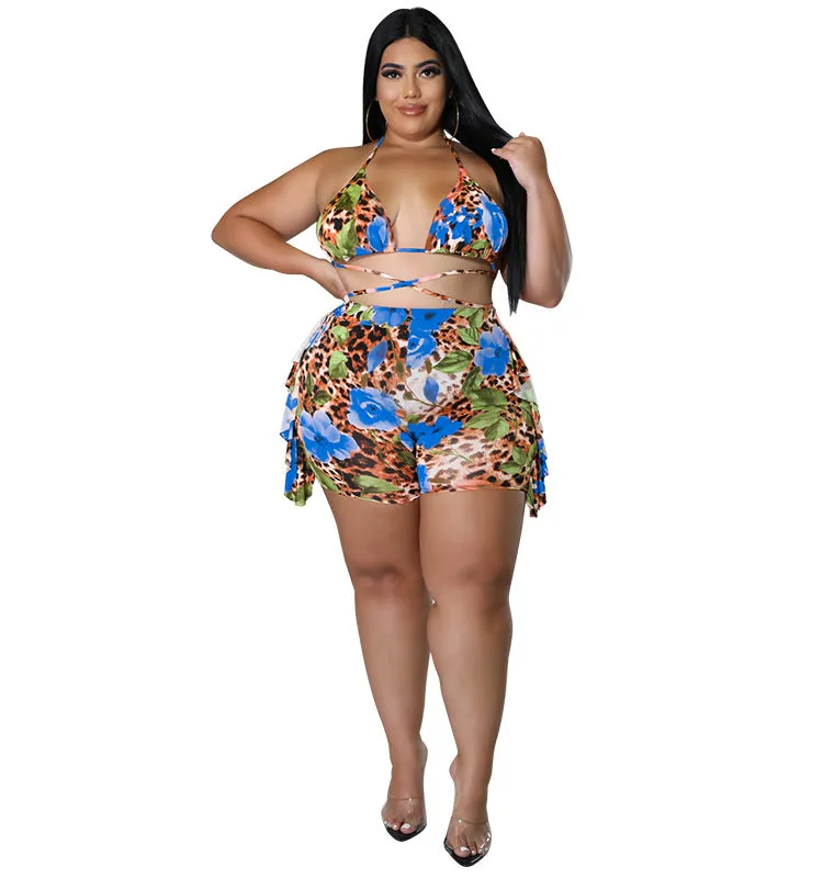 Exotic Floral and Leopard Print Wrap Bikini Set with Ruffle Shorts