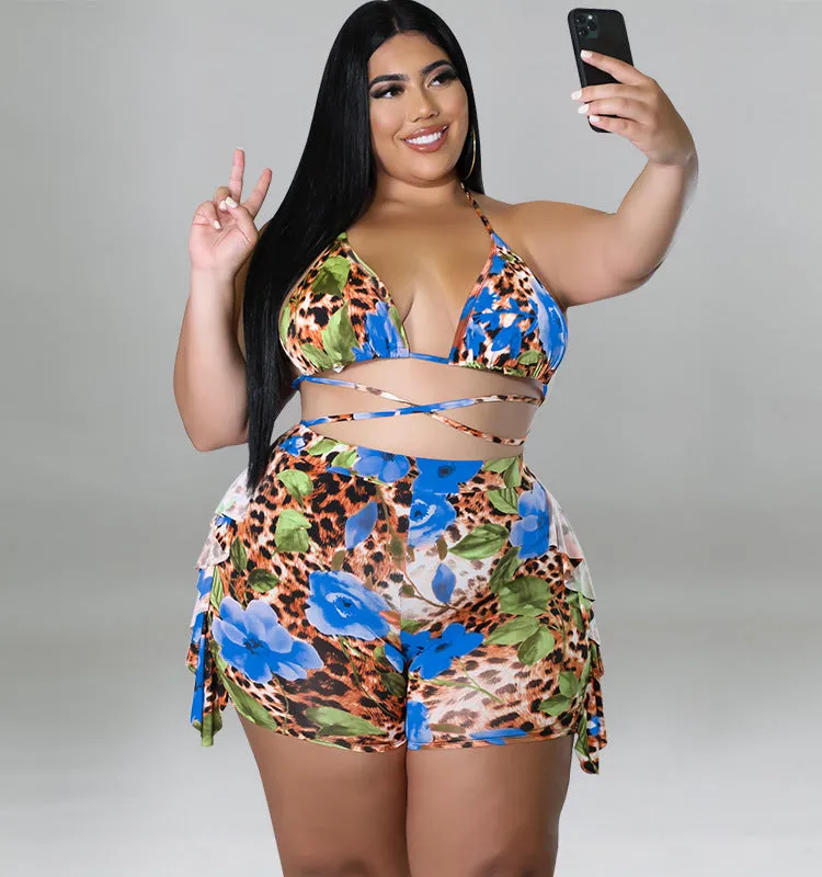 Exotic Floral and Leopard Print Wrap Bikini Set with Ruffle Shorts