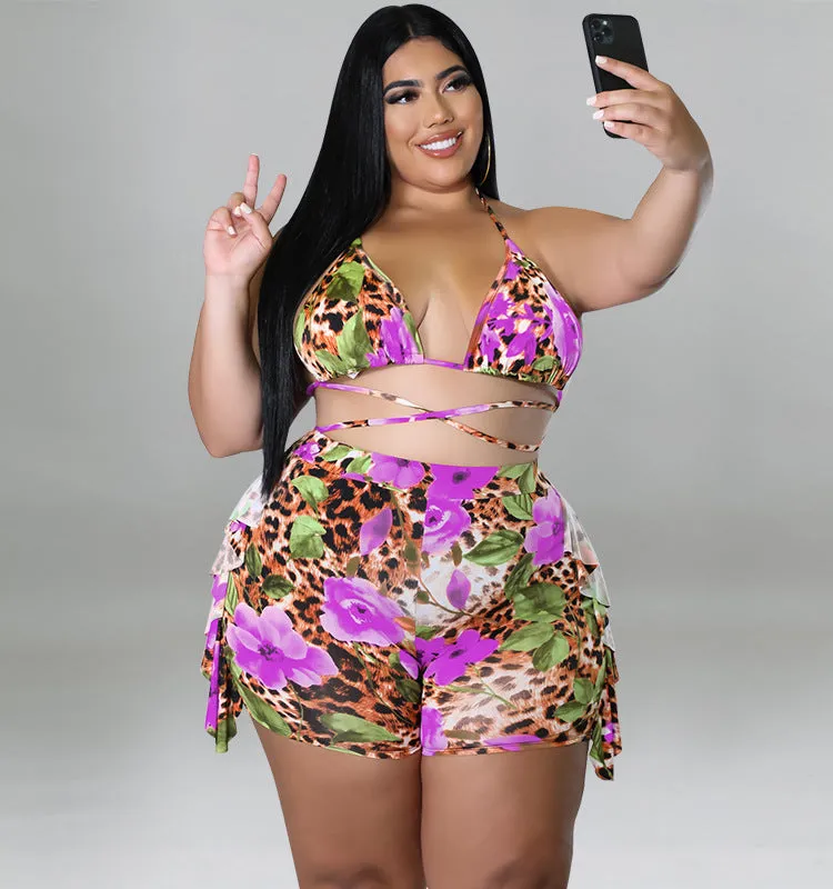 Exotic Floral and Leopard Print Wrap Bikini Set with Ruffle Shorts